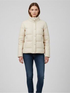DANIER White Leather Goose Down Quilted Puffer Coat Jacket, Size S